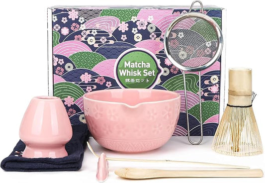 Matcha Whisk Set Pink, 8Pcs Matcha Set Kit include Matcha Bowl, Matcha Whisk and Holder, Bamboo Scoop, Scoop Rest, Sifter and Tea Towel, Matcha Whisk and Bowl Set for Matcha Lovers and Beginers