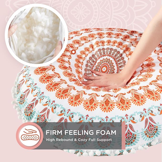 Codi Meditation Floor Pillow, Round Large Pillows Seating for Adults, Bohemian Mandala Circle Cushion for Outdoor Fireplace Yoga Living Room, 32 Inch, Memory Foam Added, Coral