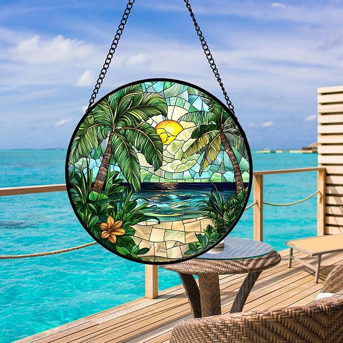 Stained Glass Window Hanging, Green Beach Scenery Suncatcher Diamond Glass Panel Hangings Sun Catchers Decor for Birthday for Women, Men, Wife, Aunt, and Mom 14.9x14.9 in