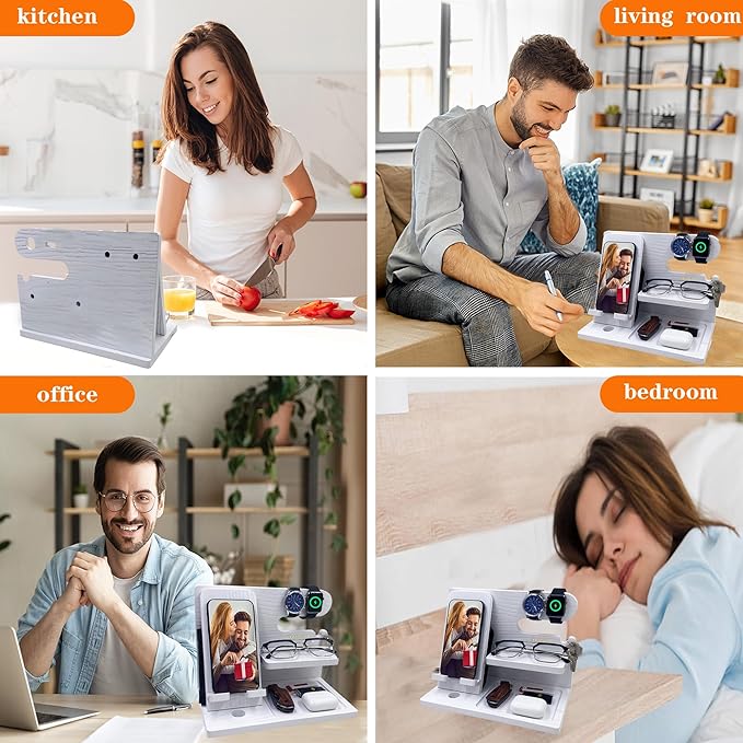 Gifts for Women Girlfriend Men Him Husband Boyfriend Son Boss Wood Phone Docking Station Nightstand Organizer Anniversary Birthday Gifts (White)