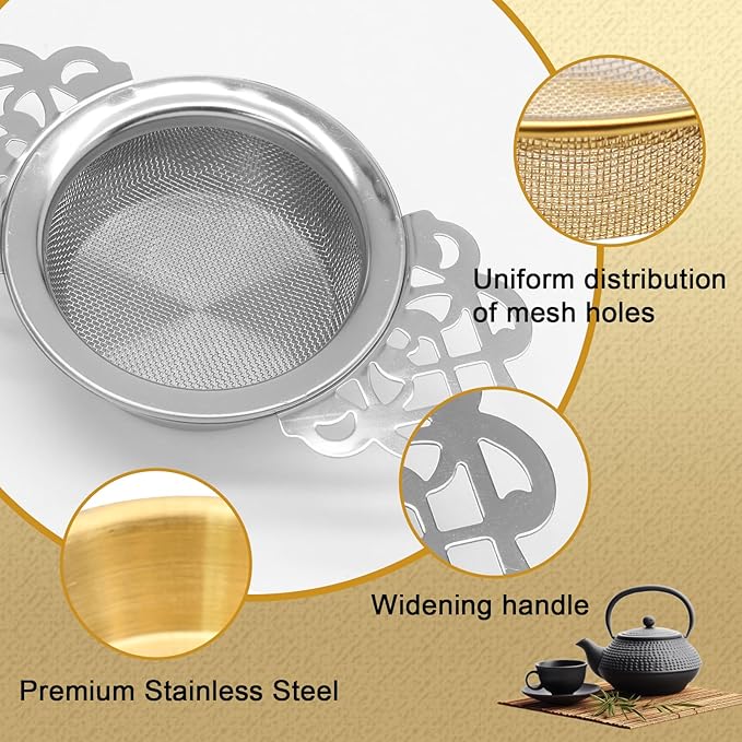 2 Pack Tea Strainers with Drip Bowls Stainless Steel Mesh Tea Infusers Loose Leaf Tea Filter with Handles Tea Steeper for Tea Juice Coffee Drinks, Gold & Silver