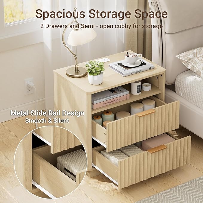 Large Fluted Nightstand with Charging Station, 23" Modern Farmhouse Night Stand, 2 Drawers End Table with Storage, Bedside Table for Bedroom Sofa Home Office, Curved Profile (Natural Oak)