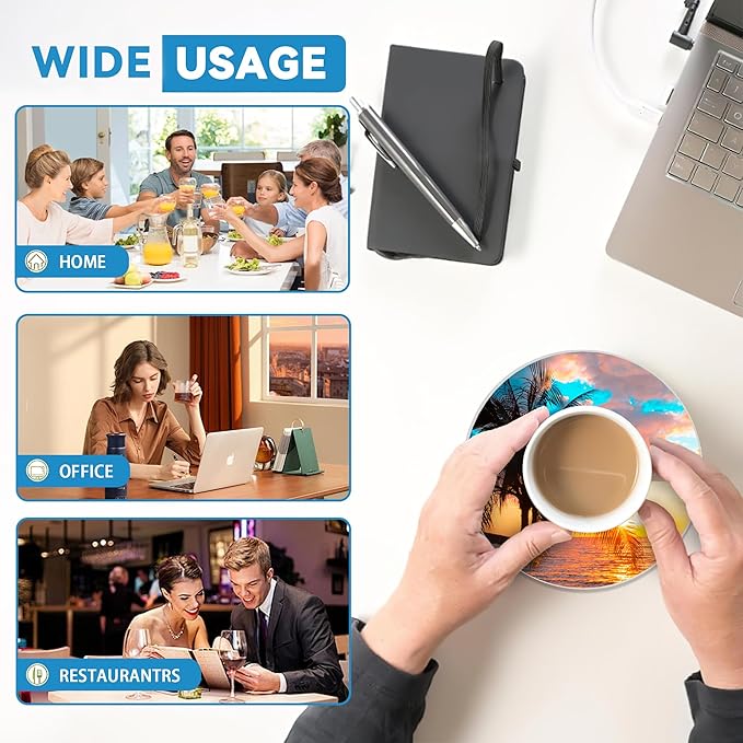 Palm Tree Coaster Set of 4, Absorbent Ceramic Stone Coasters with Cork Backing, Sunset Beach Theme Round Coasters for Home Table Decor, Ideal Gifts for Women or Men