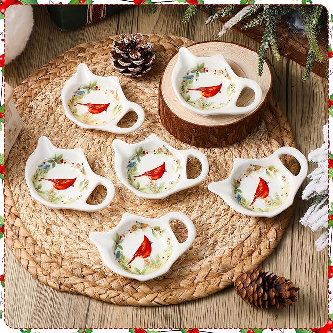 Set of 6 Christmas Winter Birds Tea Bag Holders Porcelain Ceramic Teapot Shaped Coasters Tea Bag Plate Spoon Rests Pad Saucer Seasoning Dish Set for Party Decoration Gifts, 3.7x2.75''