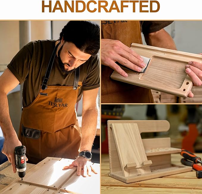 TESLYAR Wood Phone Docking Station for Men - Desktop or Nightstand Organizer - Birthday Gifts for Men, Dad - Anniversary Idea from Wife - Key Holder, Stand Wallet, Watch & Essentials (Chestnut)