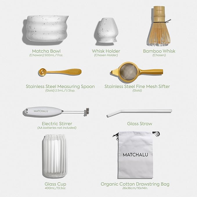 Matcha Whisk Set With Ceramic Matcha Bowl, Bamboo Whisk & Holder, Stainless Steel Spoon & Sifter, Glass Cup & Straw, Electric Frother, Storage Bag - Gift for Matcha Lovers (Premium 9-Piece Set White)