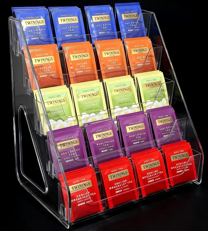Tea Bag Organizer 5 Tier Tea Storage, Acrylic Tea Storage Chests for Kitchen, Office, Countertop, Cabinet Pantry, Tea Bag, Coffee, Sugar Packets, Creamers Holder
