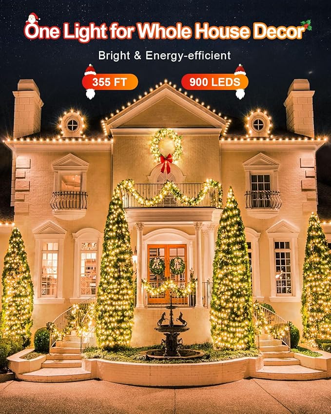 355FT 900LED Christmas Lights, Extra Long Outdoor String Lights Waterproof, Timer & Memory, 8 Modes Dimmable Plug in Fairy for Classroom Outside Tree Wedding Patry Warm White