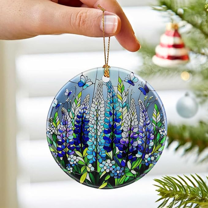 Lupine with Butterfly Ornament Ornament – Christmas Decoration & Christmas Ornament; Round Ceramic (Holiday Present, Bauble Present, Gift Idea, and Gift Exchange) | Heirloom Keepsake