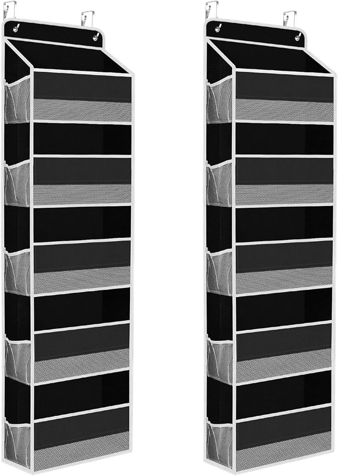 2 Pack Over The Door Organizer, Hanging Storage Organizer with Clear Window, 40lb Ultra Sturdy Large Capacity Room Organizer for Pantry Laundry Bathroom Nursery Closet (Black)