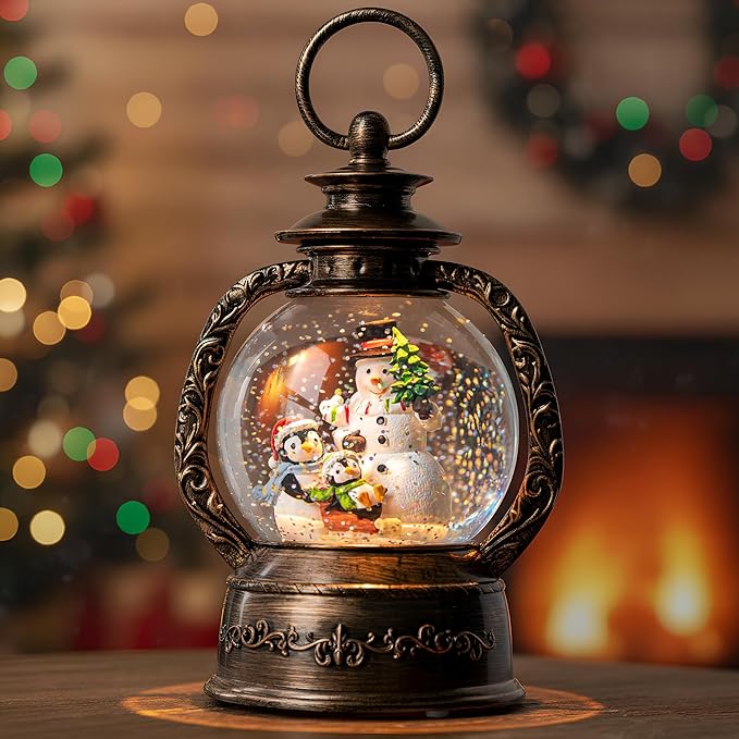 Musical Snow Globe Lantern Lighted Snowman with Penguins Christmas Snow Water Lantern Swirling Glittering Home Decoration and Gift, Battery Operated or USB Powered