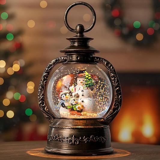 Musical Snow Globe Lantern Lighted Snowman with Penguins Christmas Snow Water Lantern Swirling Glittering Home Decoration and Gift, Battery Operated or USB Powered