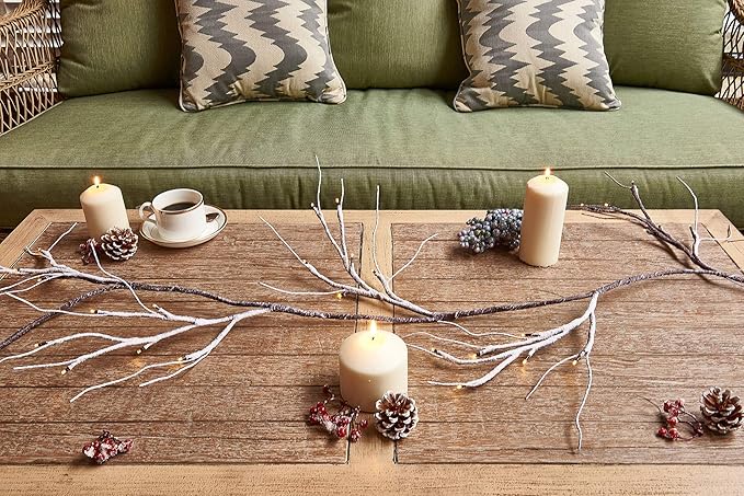 Hairui Lighted Garland Snow Flocked with Timer 6FT 48 LED Battery Operated Pre-lit Twig Vine Firepalce Mantle Table Winter Christmas Decoration Indoor Outdoor