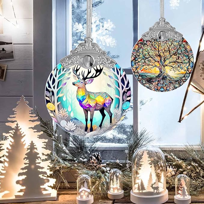 Stained Glass Suncatcher, Deer Ornament for Christmas Tree, Holiday Home Decor and Gifts