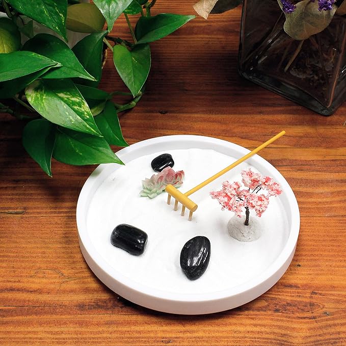 Nature's Mark Mini Zen Garden Kit for Desk with Rake, White Sand, Lotus Figures, White Round Base, Black River Rocks and Mini Blossom Tree (8Lx8W Round B)