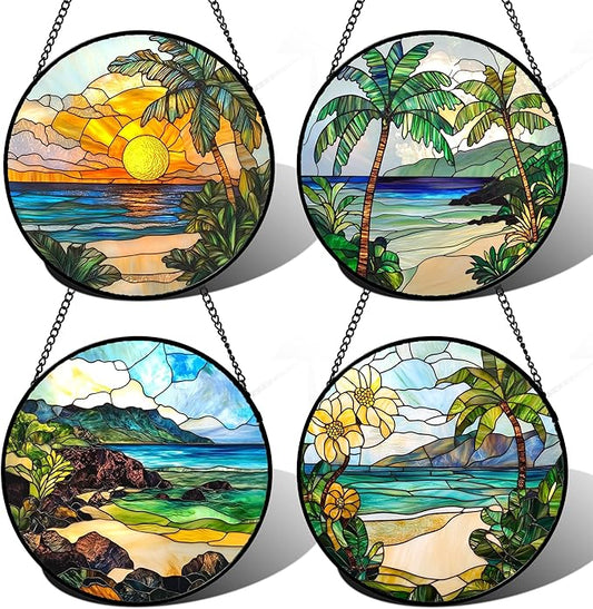 Stained Glass Window Hanging 4 Pcs Set Blue Ocean Coconut Tree Scenery Large 11.8" - Suncatcher Door Garden Sun Catcher Decor Birthday Christmas for Mom Woman Nana Men