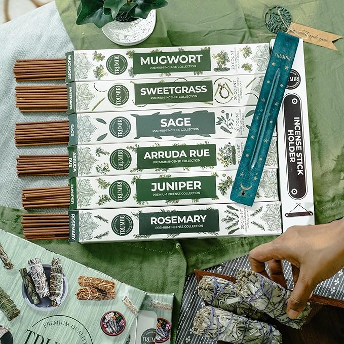 Trumiri Incense Sticks for Smudge Kit - Total 120 Insence-Sticks (20 Insense x 6 Incents) - Inciensos Aromaticos para Malas Energias Inscents-Sticks with Sage Sweetgrass for Smudging + Incense Holder