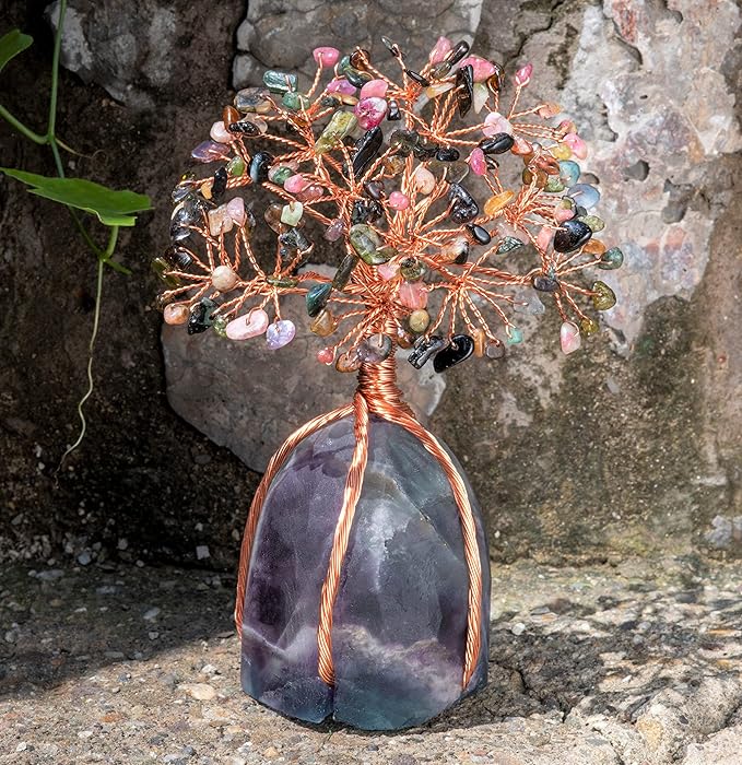 Multi Tourmaline Crystal Tree with Fluorite Rough Base Tree of Life Decor for Shelf, Bedroom, Birthday Gifts for Women, Sister Gifts, Birthday Gifts for Mom, Cute Home Decor Purple Decor Present