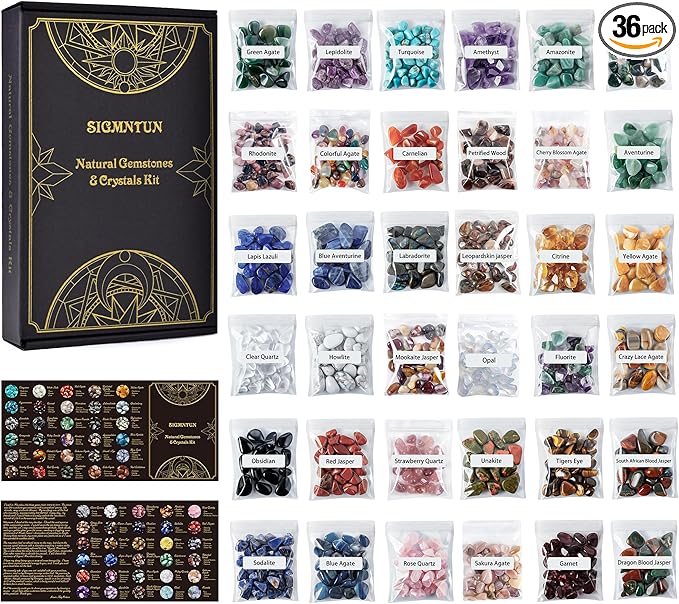 Polished Healing Crystal Chips & Stones Set – 36 Different Natural Gemstone Types, 2.5 lbs of 0.3" Tumbled Decorative Rocks for Chakra, Meditation, Reiki, Energy Work, Crafts, Gifts