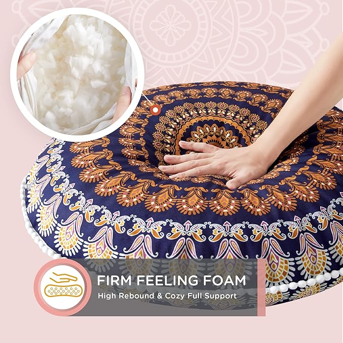 Codi Meditation Floor Pillows, Round Large Pillow Seating for Adults, Bohemian Mandala Circle Floor Cushion for Outdoor Fireplace Yoga Living Room, 32 Inch, Yellow Memory Foam Added