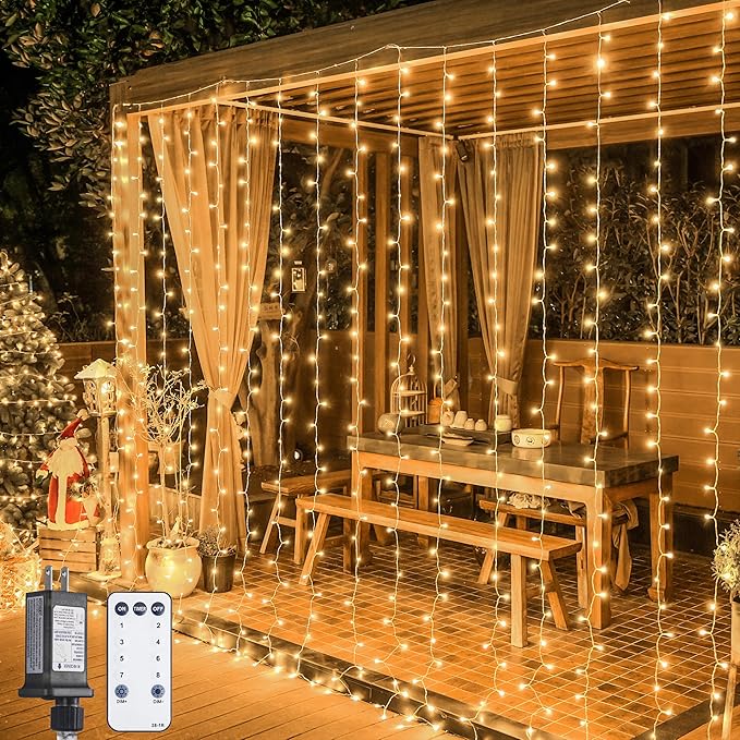 JMEXSUSS 900 LED Outdoor Christmas Curtain Lights, 9.5x29.5ft Christmas Lights Plug in with Remote, Twinkle Hanging String Light for Bedroom Wall Wedding Backdrop Window Gazebo Decor, Warm White