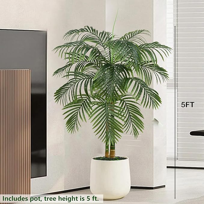 Artificial Golden Cane Palm Tree 5FT, Fake Palm Tree with Three Realistic Trunks and Lifelike Palm Leaves, Faux Palm Plant for Indoor Home Décor with Black Planter