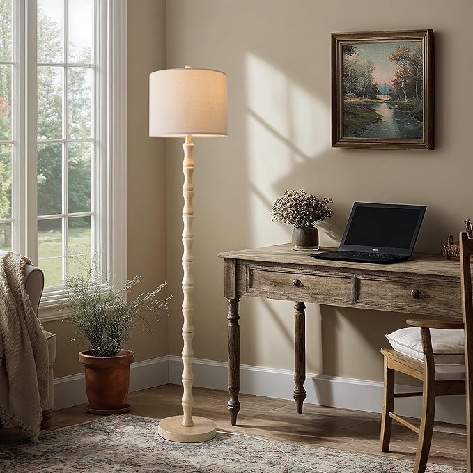 BOBOMOMO 62" Rustic Floor Lamp, Retro Farmhouse Standing Lamp with Rotary Switch, Resin Antique White Floor Lamp for Living Room, Bedroom, Corner, Dining Room, Nursery, Cozy Home Décor