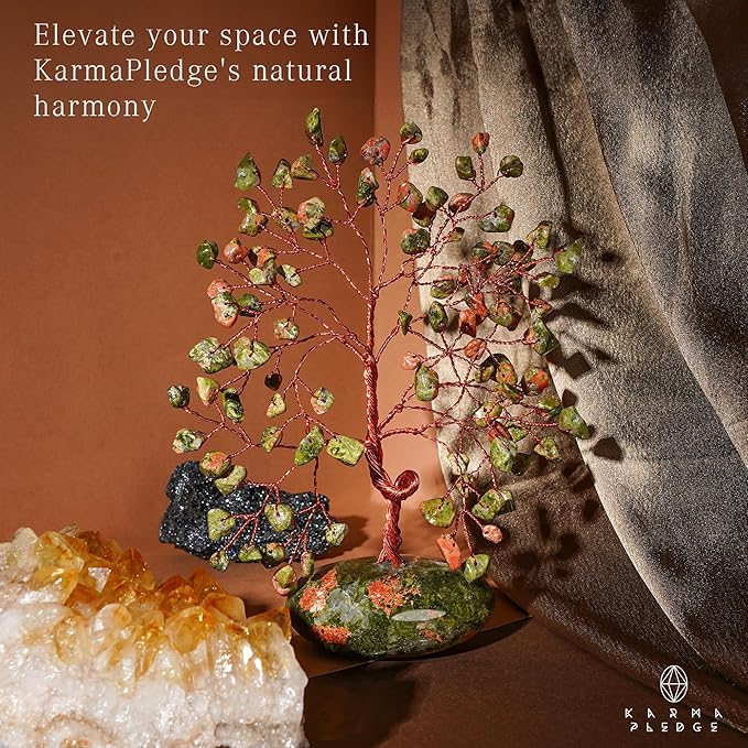 KARMAPLEDGE Crystal Tree of Life Home and Office Feng Shui Decor, Unakite Healing Crystal Handmade Bonsai Tree for Positive Energy, Good Luck, Money, Christmas Decor, Birthday Gifts for Women, Mom