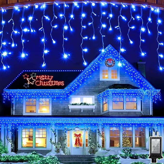 82FT 810 LED Outdoor Christmas Lights - 180 Ice Drops, 12 Pro Modes with Timer Memory & Brightness, Waterproof Hanging Ice String Light for Holiday Wedding Garden Fence House Decor (Blue)