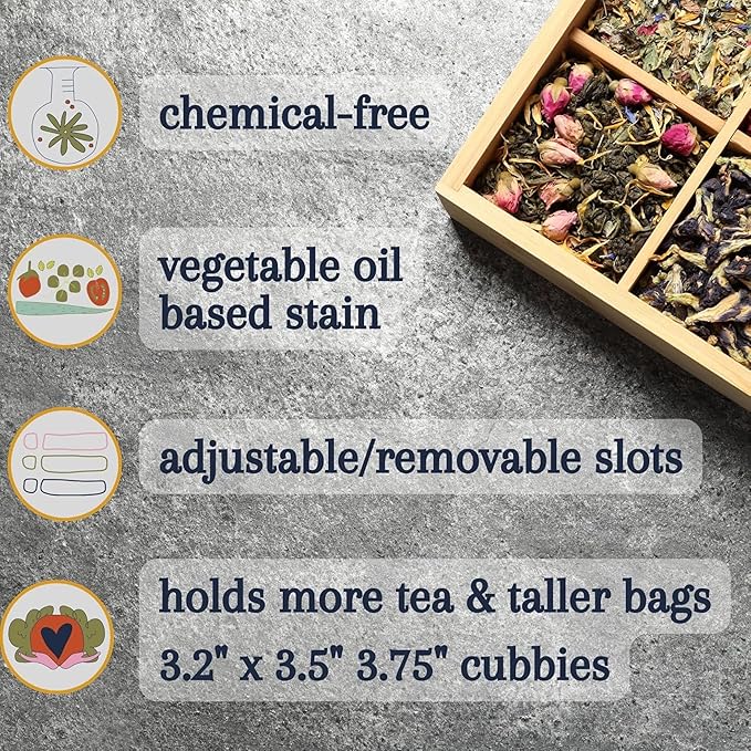 Bamboo Tea Organizer Box Chemical Free Eco-Friendly Big, Tall, Adjustable Cubbies Natural Wooden Storage Chest (8-Slot 14.3" x 8.1" x 4.2" Blank)