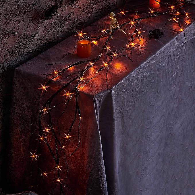 Hairui Lighted Halloween Garland with 48L Orange and Purple Bi-Color LED Lights 8 Functions, Black Glittered Garland Lights Battery Operated 6FT for Indoor Outdoor Halloween Party Decoration