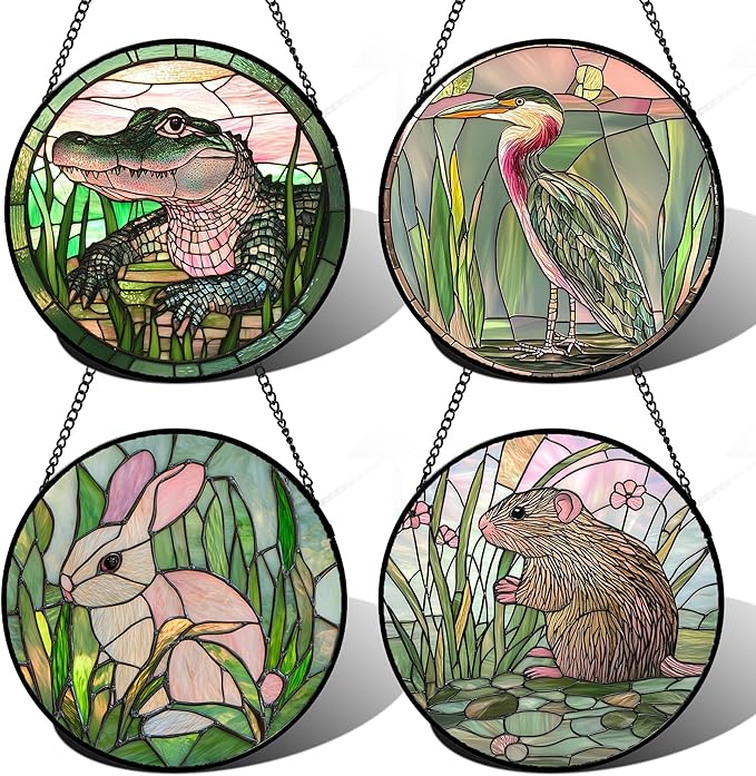 Stained Glass Window Hanging 4 Pcs Set Cute Animal Large 15"- Green Plant Pink Suncatcher Door Garden Sun Catcher Decor Birthday Christmas for Mom Woman Nana Men Friend