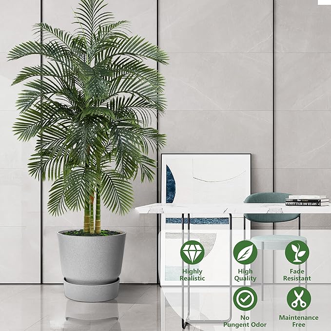 Artificial Golden Cane Palm Tree 7FT, Fake Palm Tree with Three Realistic Trunks and Lifelike Palm Leaves, Faux Palm Plant for Indoor Home Décor with Black Planter