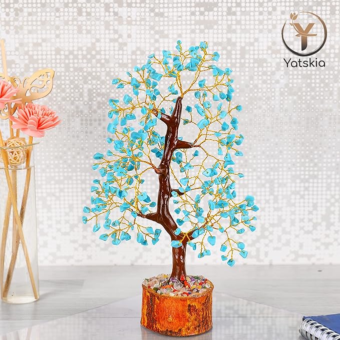 YATSKIA Turquoise Crystal Bonsai Tree Sculpture, Handmade 7 Chakra Healing Pendant Necklaces, Home Decor, Tabletop Display, 8x8x25cm, 1-2lbs