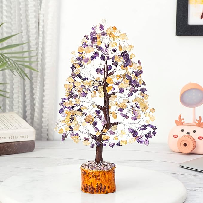Amethyst & Citrine Crystal Tree of Life - Chakra Tree for Positive Energy, Handmade Gemstone Feng Shui Decor - Good Luck Money Bonsai, Healing Crystals Decoration Ornament, Spiritual Gift