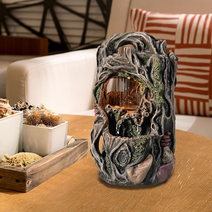 Tabletop Water Fountain, Home Décor Soothing Sound Machine with Automatic Pump, Nature Tree Stump Resin and for Indoor Zen Relaxation for Office, Living Room, or Bedroom Décor