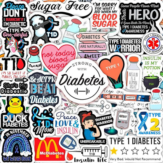 BulbaCraft 100Pcs Funny Diabetes Stickers for Water Bottle & Laptop - Gifts for Diabetics, Diabetes Awareness Month, Waterproof Vinyl Decals, Gifts for Women & Men