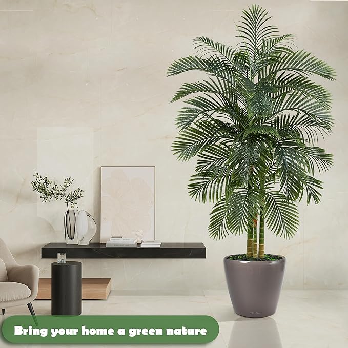 Artificial Golden Cane Palm Tree 7FT, Fake Palm Tree with Three Realistic Trunks and Lifelike Palm Leaves, Faux Palm Plant for Indoor Home Décor with Black Planter