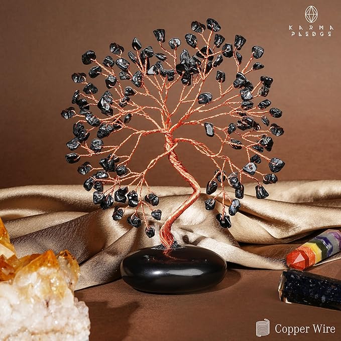 KARMAPLEDGE Black Obsidian Crystal Tree of Life Gifts for Women, Home and Office Desk Decor, 7 Chakra Reiki Healing, Tree for Positive Energy, Good Luck, Money, Meditation, Birthday Gifts