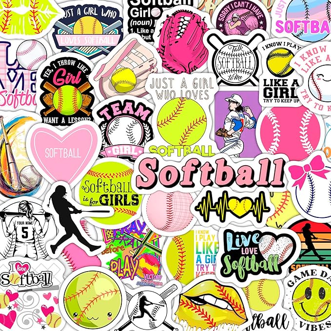 BulbaCraft 100Pcs Softball Stickers for Girls for Water Bottle and Laptop - Softball Party Favors & Decorations, Waterproof Vinyl Decals, Sports and Athlete Stickers, Gifts for Women & Men