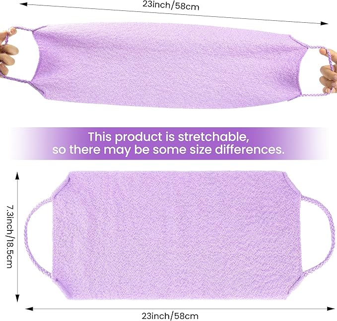 3 Pcs Double-Sided Back Exfoliator Body Scrub Towel, Exfoliating Back Scrubber with Handles,Exfoliating Washcloth Bath Tool in Shower, Stretchable Back Washer to Deep Cleans Skin (Purple)