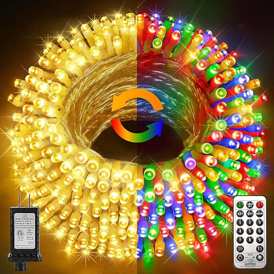KNONEW Christmas Lights Outdoor 500 LED 197FT Clear Wire Color Changing String Lights with 11 Modes & Timer Dimmable Fairy Light for Xmas Tree Roof Yard Wedding Decorations(Warm White to Multicolor)