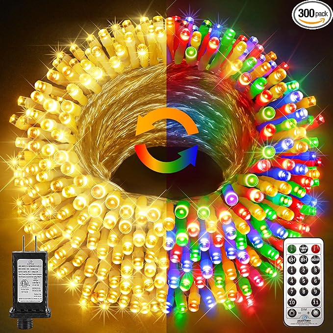 KNONEW Christmas Lights Outdoor 300 LED 99FT Clear Wire Color Changing String Lights with 11 Modes & Timer Dimmable Fairy Light for Xmas Tree Roof Yard Wedding Decorations(Warm White to Multicolor)