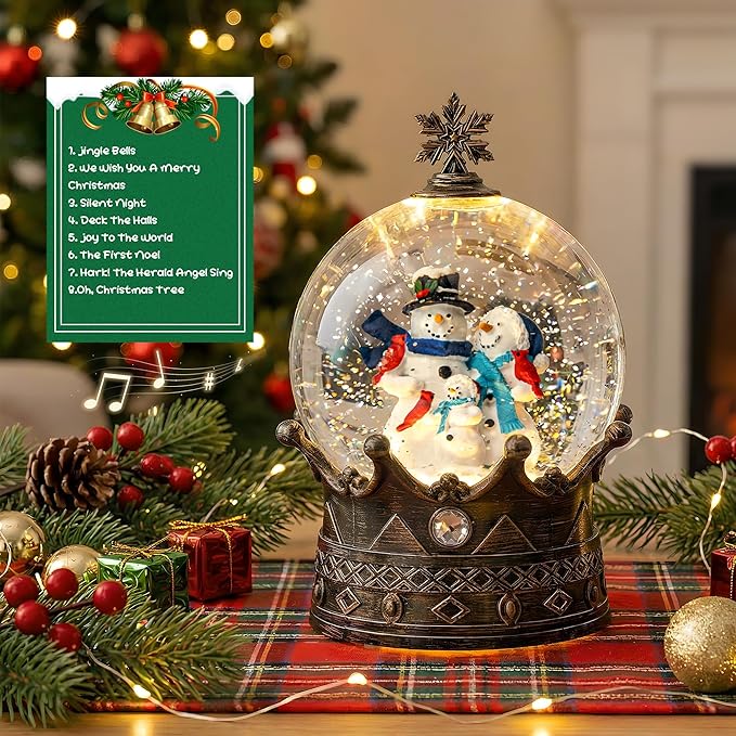 Snow Globe Lighted Christmas Decorations, Snowman Family Musical Crown Snow Globe Lantern with Swirling Glitter, Christmas Holiday Party Gifts and Decorations