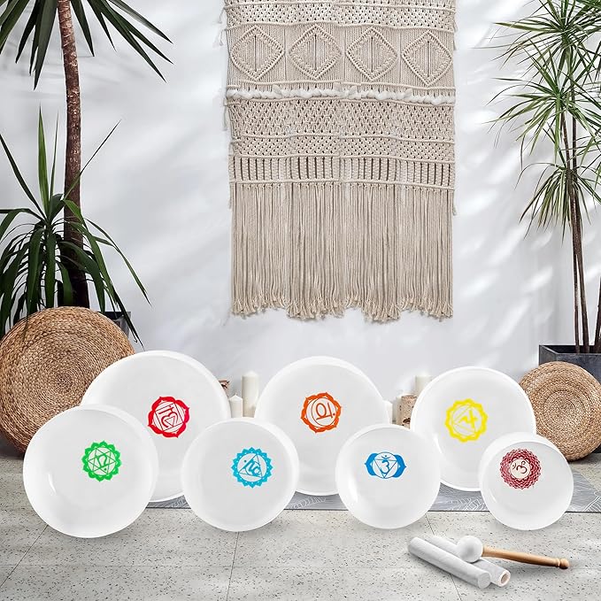Ryan Dvan 432Hz 7-12 Inch 7 Chakra Design Crystal Singing Bowl Set Frosted Quartz Crystal Sound Therapy Kit with Mallets 2 Cases O-Ring for Yoga Meditation Energy Balancing Reiki Healing