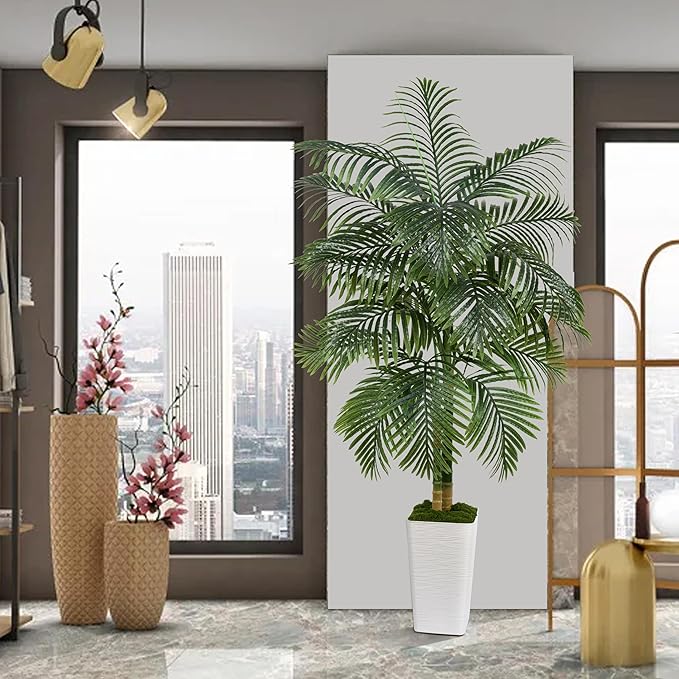 Artificial Palm Tree Indoor Plant Tall Fake Tropical Palm Tree in Pot with Real Bark Design Faux Areca Palm Tree for Home Office Living Room Bedroom Farmhouse Modern Outdoor Decor (21 Leaves 6 FT)
