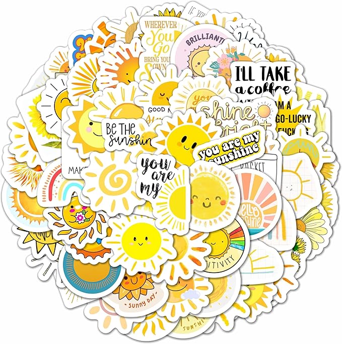 BulbaCraft 100Pcs Small Sunshine Stickers, Sun Stickers and Decals for Laptop and Water Bottles, You are My Sunshine Decals and Party Favors, Sun Birthday Party Decorations, Gifts for Women & Men