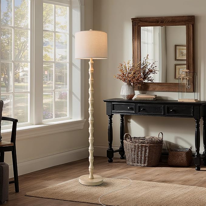 BOBOMOMO 62" Rustic Floor Lamp, Retro Farmhouse Standing Lamp with Rotary Switch, Resin Antique White Floor Lamp for Living Room, Bedroom, Corner, Dining Room, Nursery, Cozy Home Décor