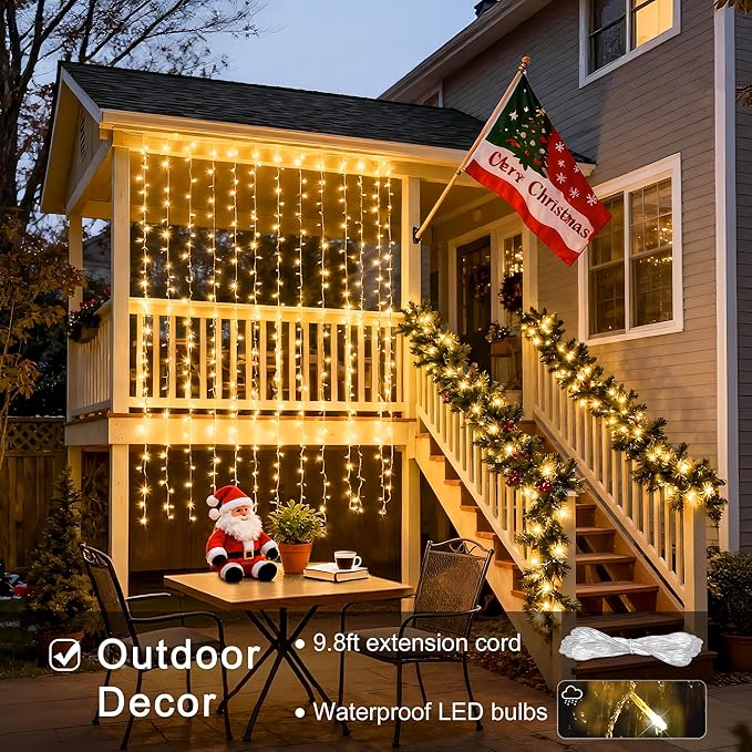 JMEXSUSS 900 LED Outdoor Christmas Curtain Lights, 9.5x29.5ft Christmas Lights Plug in with Remote, Twinkle Hanging String Light for Bedroom Wall Wedding Backdrop Window Gazebo Decor, Warm White