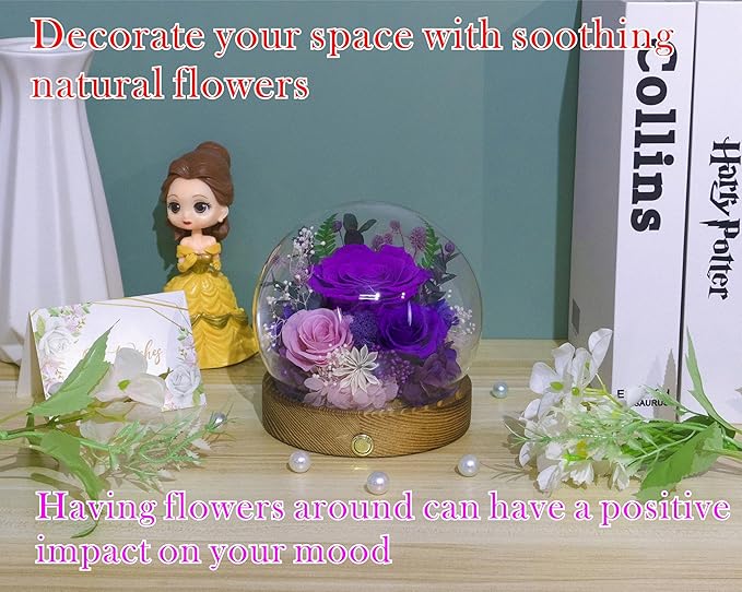 Valley of Rain & Forest Long-Lasting Real Flowers, Unique Floral Gift for You to Send Love for All Occasions, for Indoor Decoration (Dark Purple & Pink Roses Arrangement)